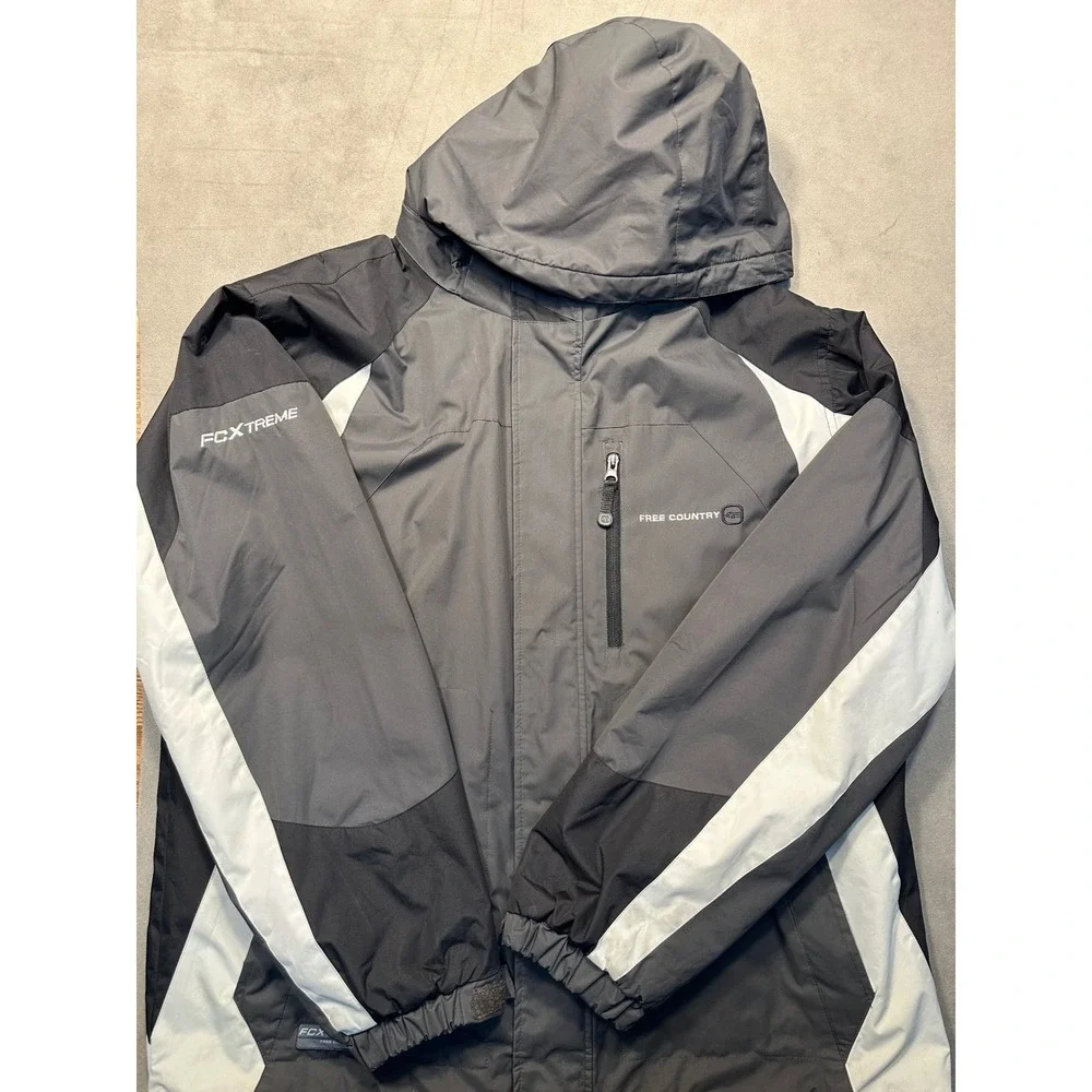 Free Country FC Xtreme Mens Jacket Grey Black White Hooded Size Large‎ Insulated